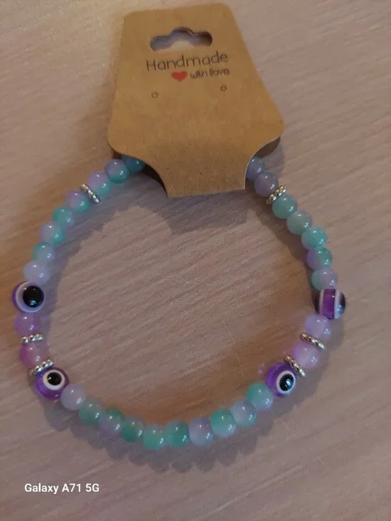 Handmade Gemstone Beaded Bracelet W/ Evil Eye Charms - Picture 3 of 3